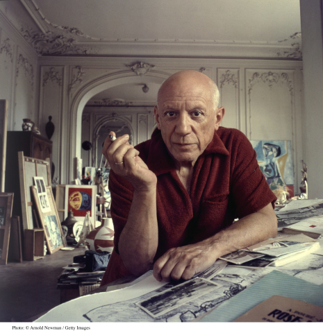 Portrait of Spanish artist Pablo Picasso (1881 - 1973) as he smokes a cigarette, Cannes, France, September 11, 1956. (Photo by Arnold Newman/Getty Images)