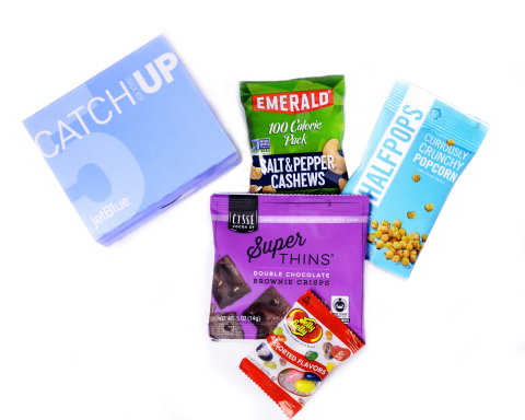 JetBlue's new CatchUp box: Catch up on your favorite shows and the latest blockbusters with these encore-worthy treats, including Emerald® salt and pepper cashews, Halfpops® crunchy popcorn, Cissé Cocoa® brownie crisps and Jelly Belly® jellybeans. (Photo: Business Wire)