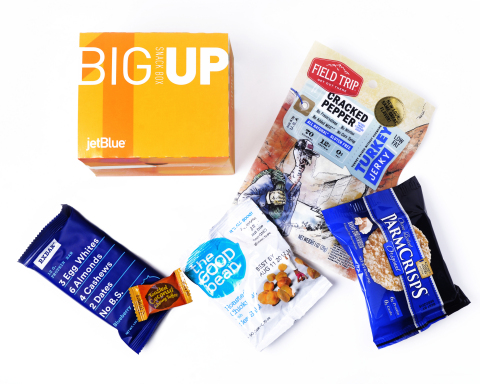JetBlue's new BigUp Box: This protein-packed selection sends hunger pangs packing with an RXBAR® bar, coconut toffee candy, Field Trip® turkey jerky, roasted chickpeas and parmesan cheese crisps. (Photo: Business Wire)