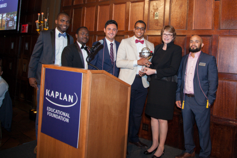 Scholars from the Kaplan Educational Foundation present Brown University president Christina Paxson with the Foundation's College Partner Award recognizing the university's extraordinary efforts at welcoming community college students from all backgrounds to transfer into the Brown community and achieve their educational goals. (From L to R: Godwin Boaful, Norbesida Bagabila, Christian Arturo, Alberto Alberto, Christina Paxson, and Edemir Castano.)