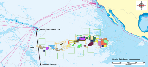 An illustration of the Honotua Cable that crosses the Polymetallic Nodules Block 1. Exploration blocks (polygons) and areas of particular environmental interest (green squares) are based on the ISA’s map https://www.isa.org.jm/contractors/exploration-areas. Grey arcs are the seaward limits of Exclusive Economic Zones and the pink lines represent international fibre-optic cables. (Photo: Business Wire) 