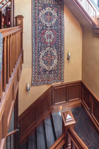 Claremont Rug Company clients are increasingly displaying antique Oriental rugs such as this High-Collectible, mid-19th century Caucasian Seichur Kuba tribal rug hung in a stairwell as wall art. (Photo: Business Wire)