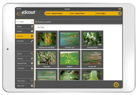 Equipped with tools to monitor and address field conditions, eScout generates real-time reports, integrates with agronomy software, and provides users with high-quality scouting information. (Graphic: Business Wire)