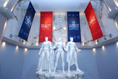 Six Flags Magic Mountain’s new JUSTICE LEAGUE: Battle for Metropolis attraction features impressive white marble statues of the DC Trinity; Superman, Wonder Woman, and Batman, as well as flags that proclaim what the Justice League stands for; Truth, Equality, Justice, Courage, and Hope. (Photo: Business Wire)