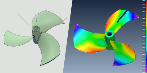 A three-dimensional surface scan creates a digital inspection report with a detailed color map for a direct CAD (left) to 3D scan (right) comparison to identify dimensional variances on parts. (Photo: Proto Labs)