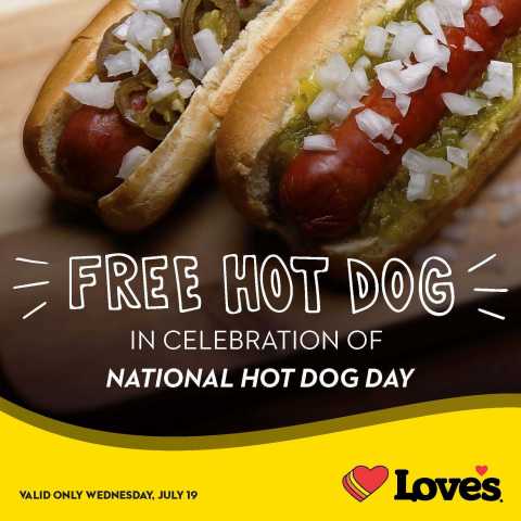 Love's Travel Stops is celebrating National Hot Dog Day Wednesday, July 19, 2017, by giving away free hot dogs. Customers can access a barcode for a free hot dog or roller grill item on Love's official Facebook, Twitter or Instagram pages from 12:01 a.m. to 11:59 p.m. Wednesday, July 19. (Photo: Business Wire)