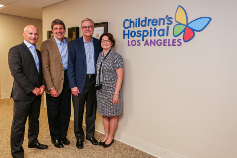 (Right to Left) Dr. Philippe Friedlich, CHLA chief of Neonatology; Paul Viviano, CHLA president and CEO; Byron Pollitt; Teresa Pollitt. (Photo by Children's Hospital Los Angeles)