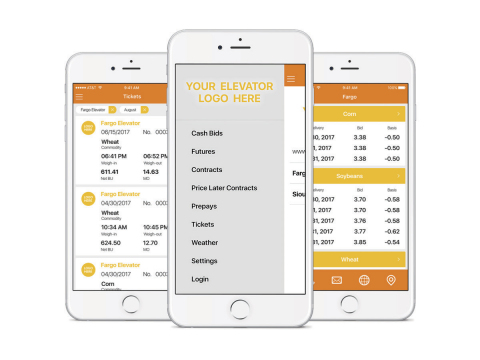 Mobile app screenshots powered by the Bushel platform display the elevator's brand to growers (Photo: Business Wire)