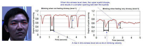 照片1：通过观察眨眼特性来检测睡意：该系统通过检查眼睑之间的开度来提取眼部轮廓，并监测眨眼特性的时间序列变化。（图示：美国商业资讯）