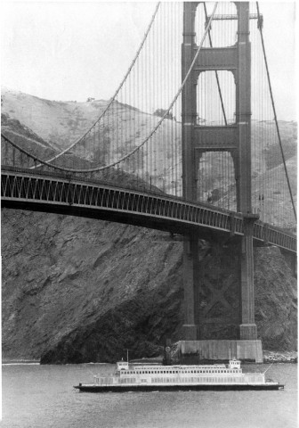 On May 21, 1973, the Berkeley left San Francisco Bay for the last time, and was towed beneath the Golden Gate Bridge on her way to her new home at the Maritime Museum of San Diego. (Photo: Maritime Museum of San Diego)