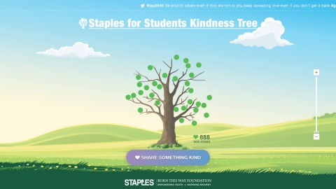 Help grow the Staples for Students Digital Kindness Tree at www.StaplesKindnessTree.com or by tweeting with hashtag #GrowKindness. On the website or Twitter, describe an act of kindness that you recently performed, witnessed or pledge to do. Each time an act of kindness is reported, a ‘leaf’ will be added to the tree, which will continue to grow throughout the summer. (Photo: Business Wire)