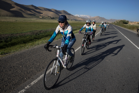 Zakia Mohammadi (pictured here in lead) is the founder of the first female cycling team in Bamiyan, Afghanistan. The image is part of #DreamBigPrincess, a global photography campaign celebrating inspiring stories from around the world to encourage kids to dream big. Social support for the campaign will drive donations to the United Nations Foundation’s Girl Up program. (Photo: Paula Bronstein)