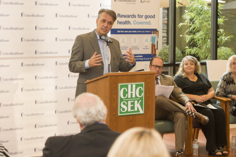 Lt. Gov. Jeff Colyer addressed the crowd during the presentation of two Frontier Rural Health Care grants to Community Health Center of Southeast Kansas and Southeast Kansas Independent Living Center in Pittsburg, Kansas on Aug. 16, 2017. UnitedHealthcare Community Plan of Kansas CEO Kevin Sparks, Southeast Kansas Independent Living Center CEO and President Shari Coatney and Community Health Center of Southeast Kansas CEO and President Krista Postai look on (Photo: Mark McDonald Photography).