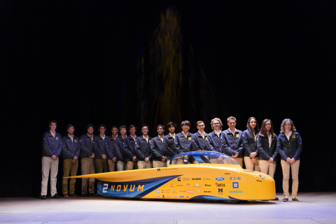 The University of Michigan Solar Car team at the unveiling of its current vehicle, Novum. (Photo: Business Wire)