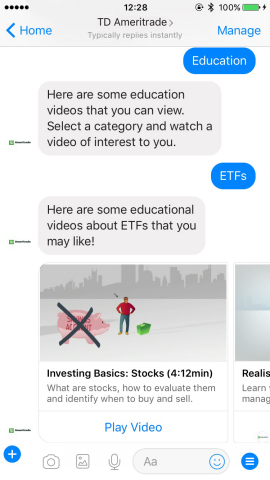 Connecting with TD Ameritrade on Facebook Messenger (Photo: Business Wire).