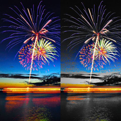 500px today announced support and searchability for wide-gamut imagery. This long exposure fireworks image highlights the colors that can’t be reproduced in a standard color space. The left side of the image shows the P3 color space in its full spectrum. The right side shows the colors that sRGB can represent as grayscale, while keeping the P3-only parts of the image as color. The deep blues and vibrant oranges are not available in sRGB. (Photo credit: Sunny Merindo)