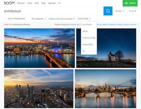 500px, the world’s largest global photography community, today announced full support for wide-gamut imagery, searching by color profiles, and WebP format image delivery. Users looking for wide-gamut images can filter by color profile during any image search on 500px’s website. (Graphic: Business Wire)