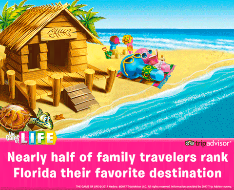 TripAdvisor Survey finds nearly half of U.S. travelers rank Florida as their favorite family destination. THE GAME OF LIFE game’s new vacation cards includes destinations such as Florida.