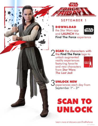 Download the Star Wars app and use the Find the Force feature to scan this image and meet the new Porg characters from Star Wars: The Last Jedi in augmented reality. Find the Force, a global augmented reality (AR) event rolling out for Force Friday II (September 1-3), will commemorate the worldwide launch of new products inspired by Star Wars: The Last Jedi. Fans should download the Star Wars app before heading to more than 20,000 retail locations worldwide to participate. See more at: www.starwars.com/findtheforce #FindtheForce #ForceFriday (Graphic: Business Wire)