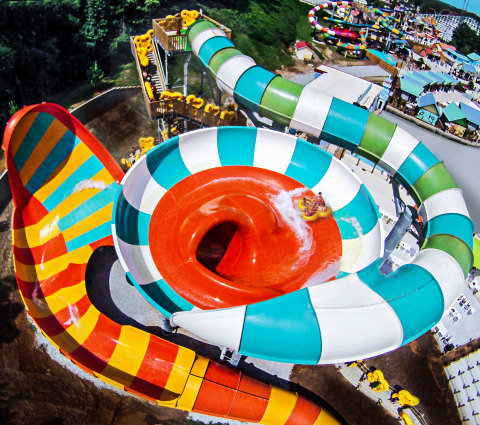 Six Flags St. Louis prepares for Typhoon Twister in 2018. Storm chasers will swirl around the 125-ft. whirlpool before being sucked into the vortex and plummeting down the 5-story, enclosed slide. The four-person raft is then shot up a 45-ft., zero gravity wave wall where riders experience moments of weightlessness before sailing back down and shooting out another tube to a splash pool. This hybrid, zero-gravity water slide is an adrenaline rush giving storm chasers two thrilling experiences in one mindboggling attraction. (Photo: Business Wire)   