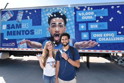 Mentos Gum and Snapchat-star, Sara Hopkins surprised incoming University of Wisconsin freshman Sam Jeschke with a challenge of a lifetime on Wednesday, August 30 in Madison, Wisconsin. Jeschke has until the first day of class (on Wednesday, September 6) to share 43,000 bottles of Mentos Gum enough for the entire student body to earn a free DJ Khaled concert for his classmates and a year of tuition for himself. Follow along at SamHasMentosGum.com. (Photo by Daniel Boczarski/Getty Images for Mentos Gum)