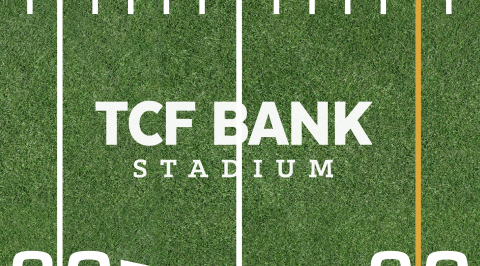 Close-up view of the TCF Bank Stadium field mark now on the playing field at the University of Minnesota's TCF Bank Stadium. (Graphic: TCF Financial Corporation)