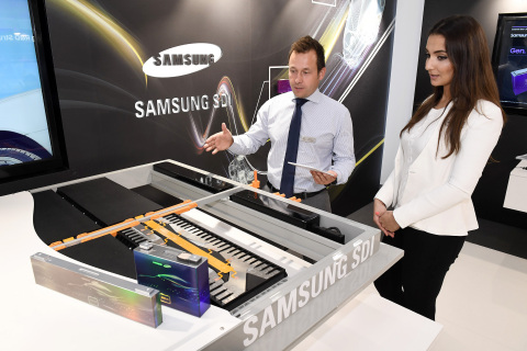 Samsung SDI exhibits multifunctional battery packs, low height cells, cylindrical batteries based on new technology standard '21700' at Frankfurt Motor Show (IAA Cars 2017). (Photo: Business Wire)