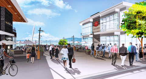 Rendering of the Grant Street Pier restaurant buildings located on Block 9 and Block 12 at The Waterfront Vancouver in Vancouver, Wash. (Graphic: Business Wire)