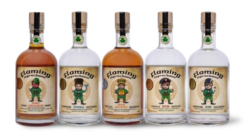 Flaming Leprechaun Spirits from the left to right…Fiery Cinnamon Whiskey, Limestone Vodka, Special Reserve Irish Whiskey, Triple Distilled Rum & Limestone Filtered Gin (Photo Business Wire)