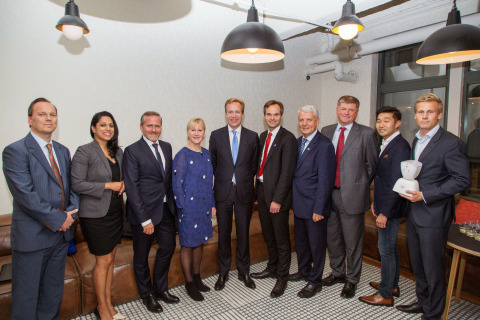 People L-R: Consul General and Trade Commissioner of Iceland, Hlynur Gudjonsson, New York City Commissioner of International Affairs, Penny Abeywardena, Minister for Foreign Affairs of Denmark, Anders Samuelsen, Minister for Foreign Affairs of Sweden, Margot Wallström, Minister for Foreign Affairs of Norway, Børge Brende, Minister for Foreign Trade and Development of Finland, Kai Mykkänen, Secretary General of Nordic Council of Ministers, Dagfinn Høybråten, Managing Director of Nordic Innovation, Svein Berg, Managing Director, Strategy of WeWork, Ole Ruch, CEO Preben Kristiansen of No Isolation, the first company to have joined Nordic Innovation House - New York program. (Photo: Business Wire).