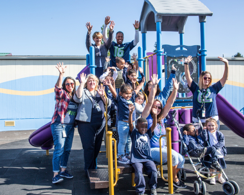 White Center Heights Elementary Head Start students play on a new playground, funded through a $15,000 grant from UnitedHealthcare to Seattle Seahawks wide receiver Tyler Lockett's Dreambuilders Foundation (Photo: Kim Doyel/KLD Studio).