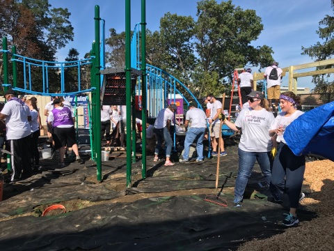 Today more than 200 Bostonians and UnitedHealthcare employees joined the New England Patriots and KaBOOM! to build a new playground at the Bridge Boston Charter School. The new play space, which was designed by the school's students and staff, will give the more than 250 kids a place to engage in safe and healthy activities (Photo: UnitedHealthcare).