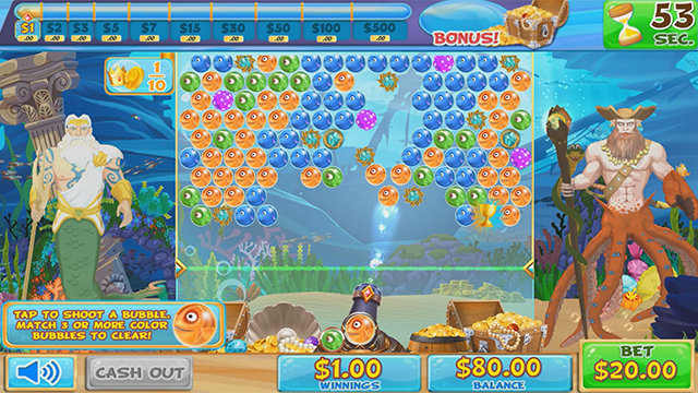 Poseidon's Deep Sea Saga is an easy to play bubble shooter game where players quickly match and pop bubbles to capture treasures.