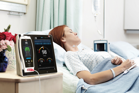 Masimo Root® Patient Monitoring and Connectivity Platform with rainbow Acoustic Monitoring® RAS-45 Acoustic Respiration Sensor (Photo: Business Wire)