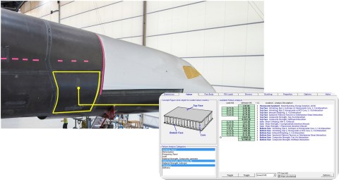 Early construction phase of one of the two fuselages of the all-composite Stratolaunch aircraft and (inset) a screenshot showing a HyperSizer analysis of the structure. Images courtesy Stratolaunch Systems Corp.