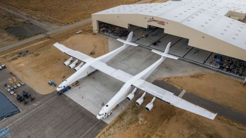 Stratolaunch aircraft rolling out of the hangar in spring 2017. Image courtesy Stratolaunch Systems Corp.