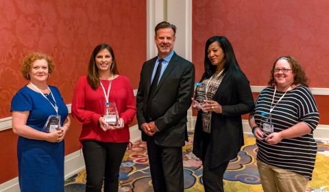 From left, Joyce Ornelas of University Health System, accepting the Superstar Monitor Award on behalf of Hadi Al-Juboori; Melinda Stretzinger of Ochsner Health System, with the Hub and Spoke Award; Brad Playford, CEO and Founder, AvaSure; Cecilia Fleming of Kaiser Permanente Downey Medical Center, with the Path-to-Zero Award; and Brenda MacPherson of Spaulding Hospital Cambridge, with the Safety Net Award. (Photo: Business Wire)