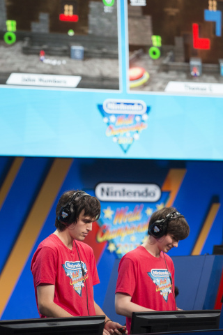 In this photo provided by Nintendo of America, finalists John Numbers and Thomas Gonda face off over upcoming Nintendo Switch game Super Mario Odyssey in the ultimate battle of the Nintendo World Championship 2017 at the Manhattan Center in New York, NY. (Photo: Business Wire)