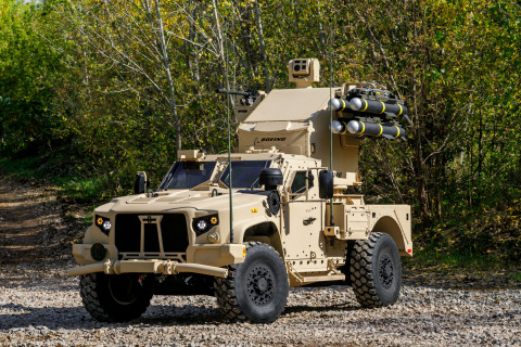 JLTV Utility equipped with Boeing Maneuever Short Range Air Defense (SHORAD) Launcher including a M3P .50 cal machine gun, M299 launcher with four Longbow Hellfire missiles, sensor suite, and a communications suite including a Thales VRC-111 (Photo: Business Wire)