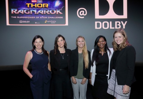 Dolby Laboratories hosts Marvel Studios' Superpower of STEM Challenge which encourages young girls to discover the magic of science and technology. (L-R) Dolby Laboratories Jennifer Bowcock, Vice President of Global Communications and Poppy Crum, Chief Scientist join Dolby panelists Ashley Penna, Yezhisai Murugesan, and Kristin Chesnutt. Photo: Craig T. Mathew/Mathew Imaging.