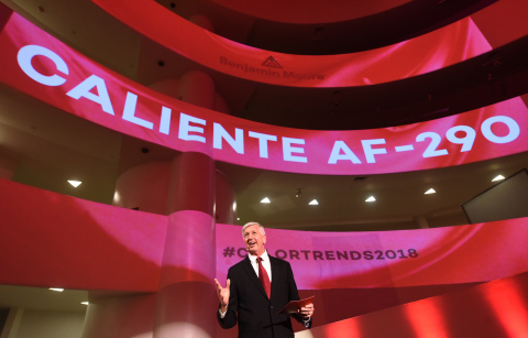 Carl Minchew, VP Color Innovation & Design at Benjamin Moore, announces Caliente AF-290 as the highly anticipated Color of the Year 2018 at the Solomon R. Guggenheim Museum, Tuesday, Oct. 10, 2017. (Photo: Business Wire)