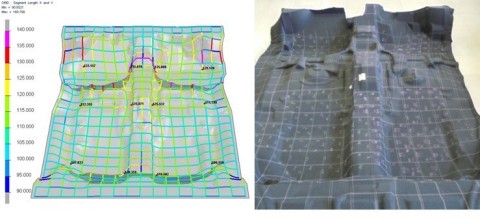 Comparison between simulated grid with ESI PAM-COMPOSITES (left) and physical grid (right) on a synthetic automotive floor carpet (Photo: Business Wire)
