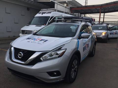 The three vehicles operated by Liberty Global that use Intelsat satellite services and Kymeta antennas to deliver Internet connectivity in Puerto Rico. (Photo: Business Wire)