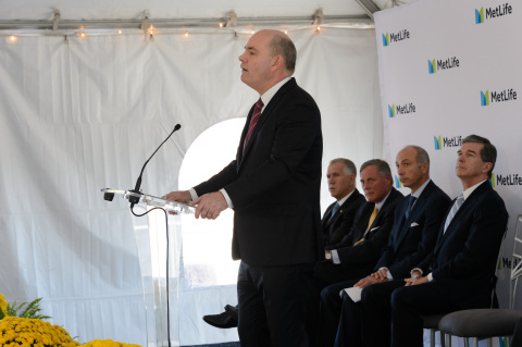 MetLife EVP and Head of Global Technology & Operations Marty Lippert address the audience at the groundbreaking ceremony for the new building at MetLife's Global Technology Campus in Cary, North Carolina. Pictured behind (right to left): North Carolina Governor Roy Cooper, MetLife Chairman, President and CEO Steve Kandarian, U.S. Senator Richard Burr and U.S. Senator Thom Tillis. (Photo: Business Wire)