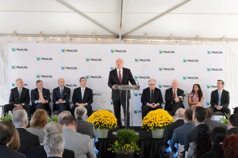 MetLife EVP and Head of Global Technology & Operations Marty Lippert celebrates MetLife's groundbreaking ceremony for its third building with (left to right) U.S. Senator Thom Tillis, U.S. Senator Richard Burr, MetLife Chairman, President and CEO Steve Kandarian, North Carolina Governor Roy Cooper, Congressman George Holding, Congressman David Price, MetLife SVP and Chief Administrative Officer Mona Moazzaz and Highwoods Properties President, CEO and Director Ed Fritsch. (Photo: Business Wire)