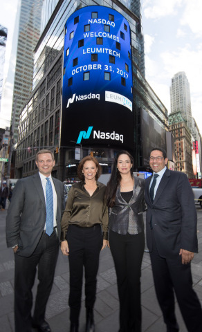 (From left to right) Nelson Griggs, President of the Nasdaq Stock Exchange; Rakefet Russak-Aminoach, CEO of Bank Leumi; Yifat Oron, CEO of LeumiTech; and Asaf Homossany, ‎Managing Director - EMEA of Nasdaq at Nasdaq MarketSite on October 31, 2017. Photo: Nasdaq