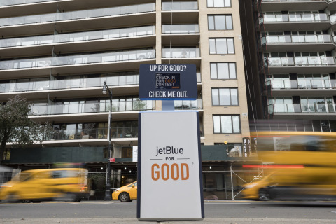 Throughout November, JetBlue is asking customers to #CheckInForGood at kiosks in New York and Los Angeles and enter to win a complimentary trip to volunteer with some of the airline’s non-profit partners. (Photo: Business Wire)