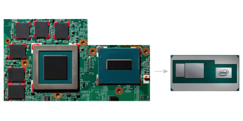 Intel introduces a new product in the 8th Gen Intel Core processor family that combines a high-performance CPU with discrete graphics and HBM2 for a thin, sleek design. A comparison shows the space these components take on a traditional board (left) and on the new 8th Gen Intel Core processor that combines the components all on one package. (Credit: Intel Corporation)