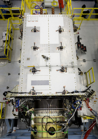 Harris navigation payloads are already integrated in the second GPS III space vehicle, pictured here, and the first GPS III satellite, declared available to launch in 2018. (Photo courtesy Lockheed Martin)