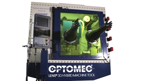 The LENS 3D Hybrid Controlled Atmosphere System includes a hermetically sealed upper chamber and gas purification system to extend hybrid manufacturing capabilities for reactive materials such as aluminum and titanium. Photo courtesy of Optomec.